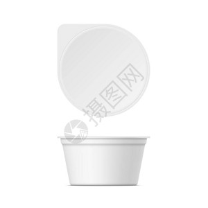 斗栱塑料酸奶容器的模型盖子隔离在白色背景上矢量逼真酸奶冰淇淋或酸奶奶油包装三维插图你的设计模板正面和顶部视图设计图片