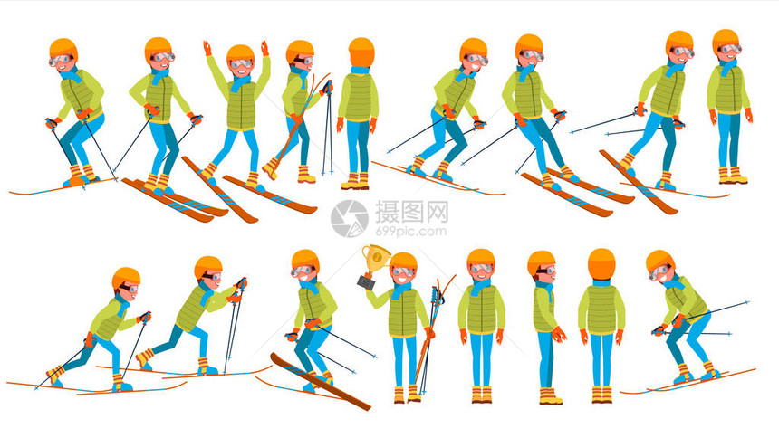 滑雪男载体行动滑雪的人冬季运动滑雪服卡通人物插画图片