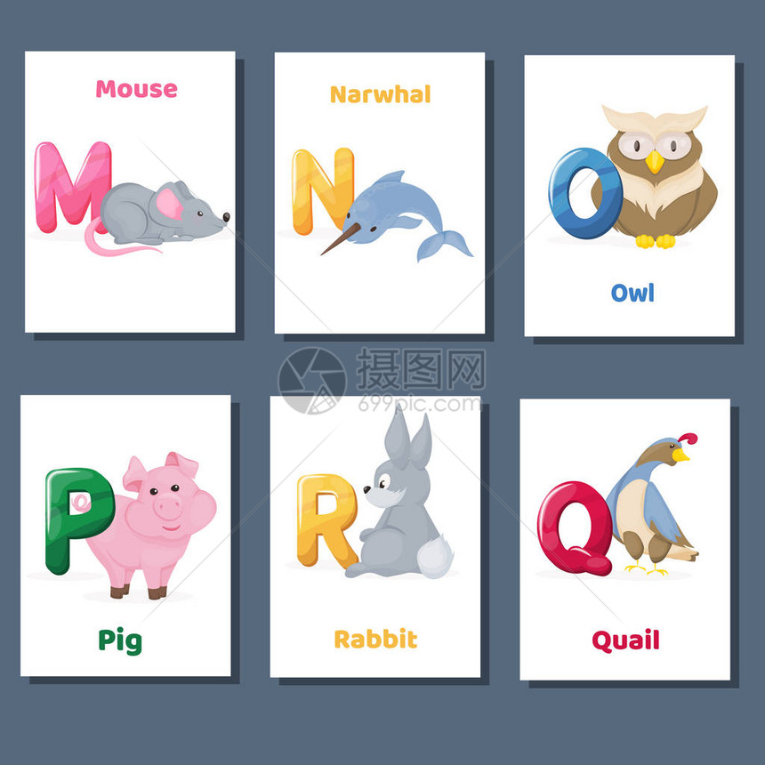 带有字母MNOPQR用于英语的动物园动物的字母可打印抽认卡矢量幼儿园abc海报卡与学龄前儿童在图片