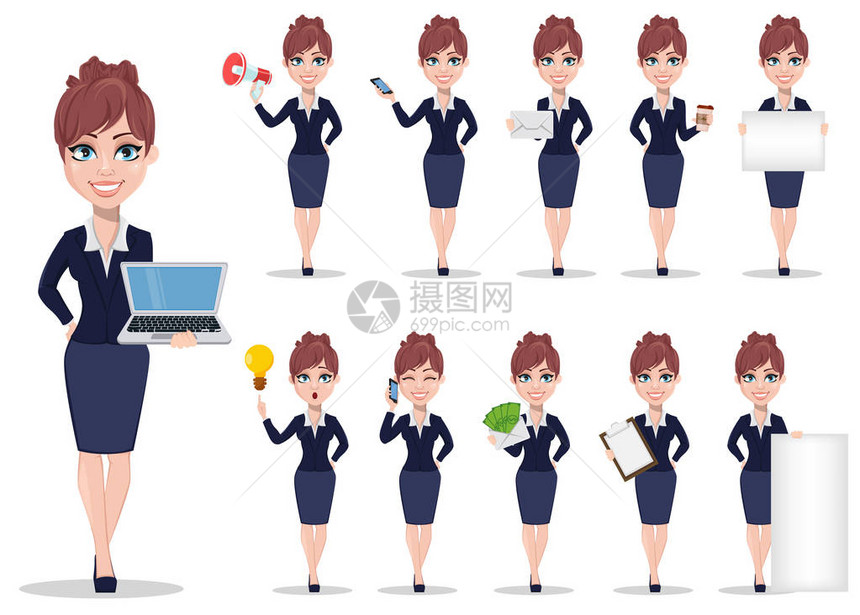 女实业家卡通人物美丽的商务女装在办公风格的服装一套十一体式白色背景上的矢量插图图片