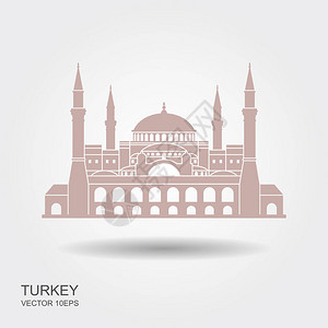 阿萨克清真寺在土耳其伊斯坦布尔的圣索非亚大教堂向量插图带阴影的平面图标插画