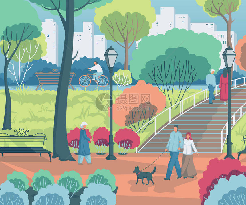 人们在城市公园里散步景观与树木灌木长凳矢量插图图片