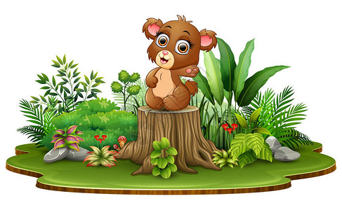 卡通快乐的小熊坐在树桩上的绿色植物图片