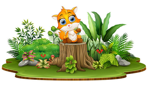 动画片愉快的小狐狸坐在树桩与绿色植物图片