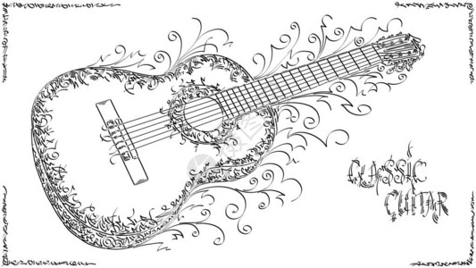 矢量程式化图形艺术素描绘制经典吉他图片