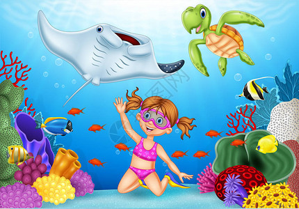 海底热带海洋中卡通小女孩潜水矢量图图片