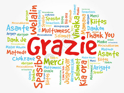grazie以意大利语表示感谢单词云背景所有语言多语言用于教育或背景图片
