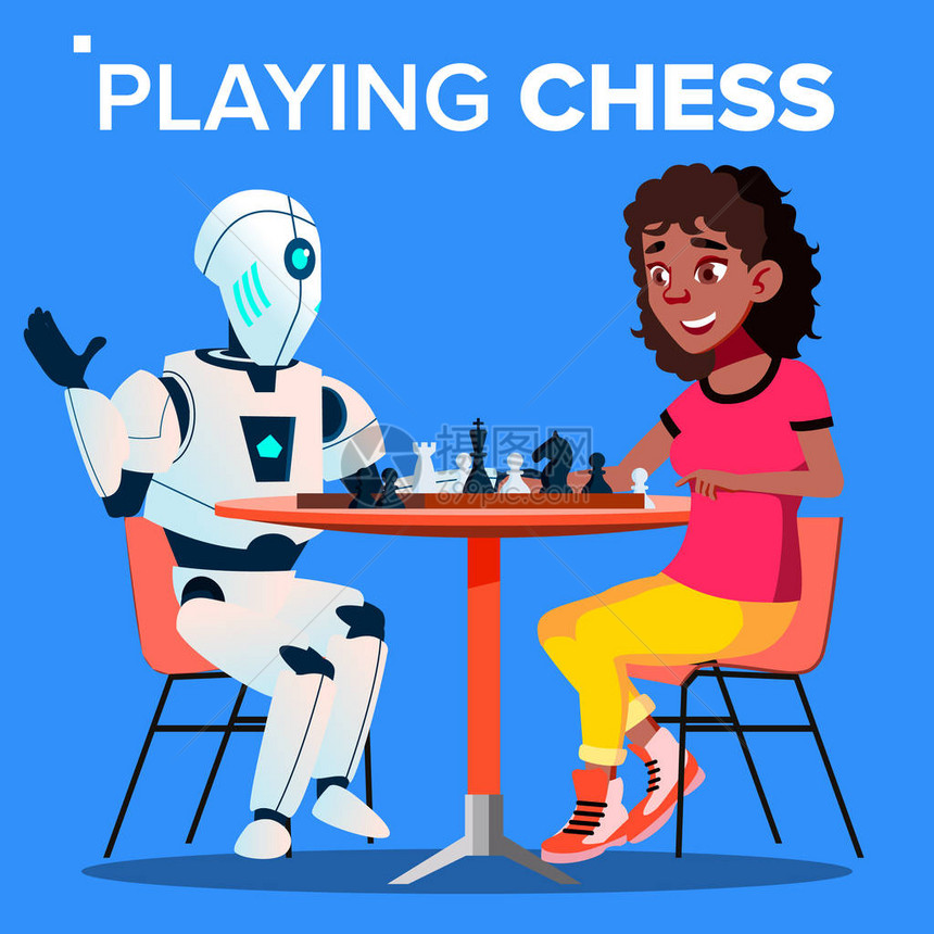 机器人玩国际象棋与妇女向量孤立的插图图片