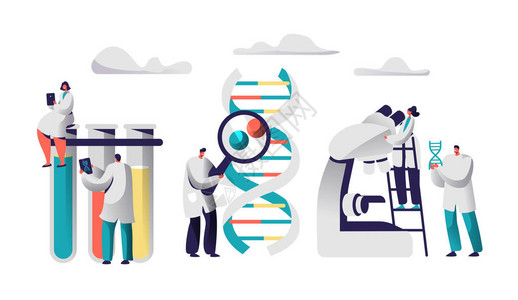 23对染色体化学实验室图像中的科学家团队研究医学女在医学鞋坐在试管与平板电脑人与放大镜探索基因组对平面向量动画片例证插画