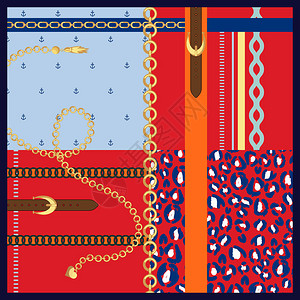 丝巾金链和腰带时尚设计矢量面料披肩补丁模板与豹子和锚元素蓝色和红色图片