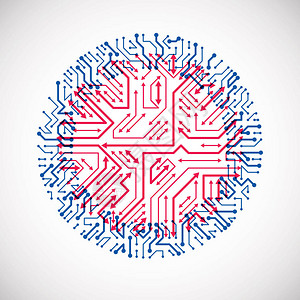 矢量抽象技术插图与圆形红色和蓝色电路板电子设备的高科技圆形数字方图片