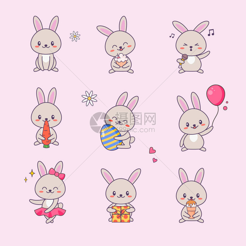 可爱的兔子卡哇伊字符贴纸集兔子与动漫脸各种表情符号绘图涂鸦儿童漫画动物爱符号套件有趣的宠物收藏平图片