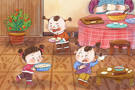 大年三十包水饺搞笑可爱古风水彩绘本插画背景图片