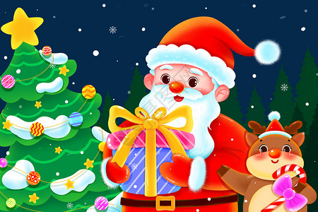 宣传袋送礼物的圣诞老人和小鹿插画