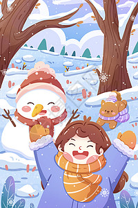 冬至节气女孩雪地里玩耍插画图片