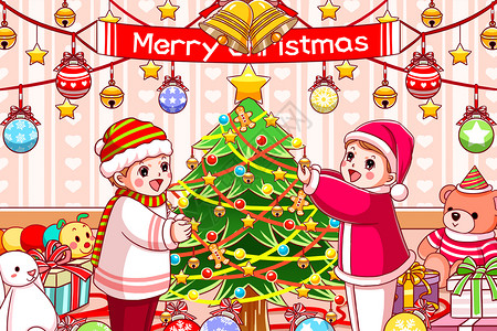 圣诞节两个小朋友装饰圣诞树图片
