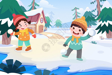 冬日孩童雪地里打雪仗卡通儿童插画图片