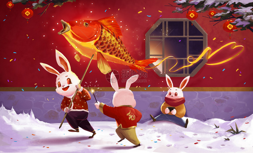2023兔年一起欢度新年的兔子卡通插画图片