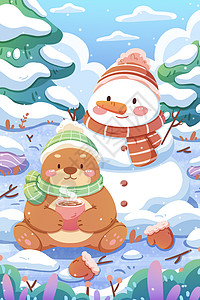 冬季热饮海报冬天小熊与雪人卡通插画插画