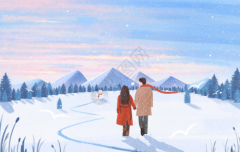 雪地雪景冬至冬天甜蜜情侣户外牵手散步背影雪地场景插画插画