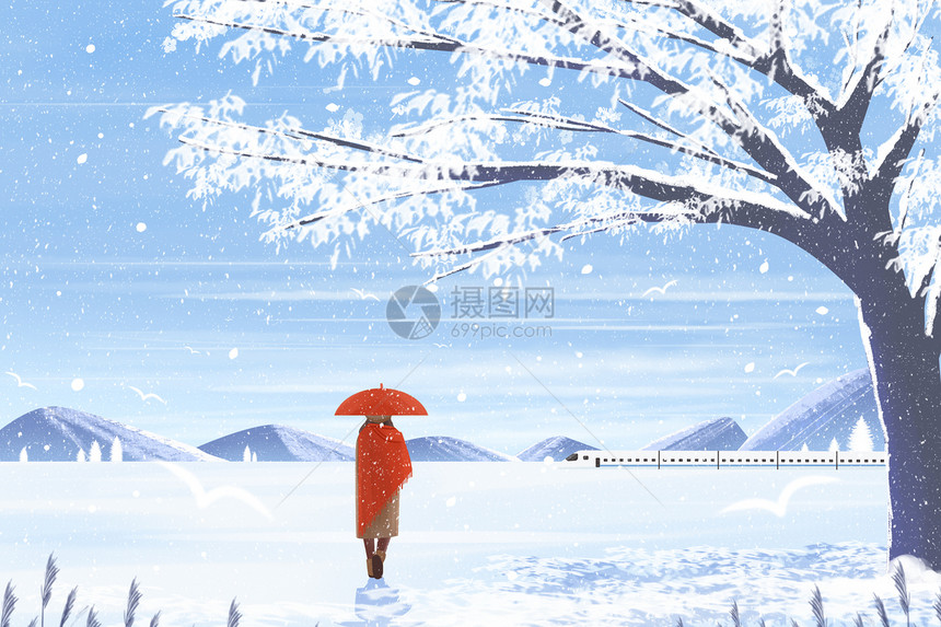 节气小雪大雪冬天列车雪地场景插画图片