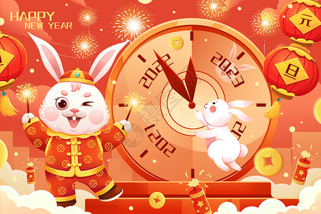 2023兔年元旦新年倒计时跨年萌兔时钟插画背景图片
