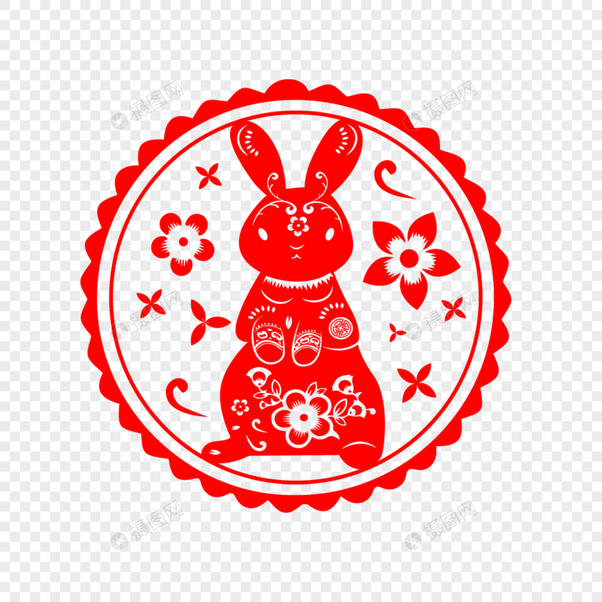 红色新年传统剪纸兔子图片
