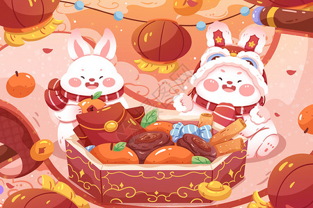 两只兔子喜庆2023兔年大吉糖盒红包清新卡通新年插画插画
