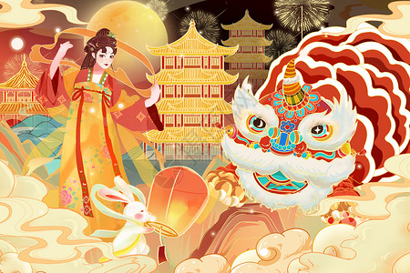 中国风国潮2023兔年春节过年海报插画背景图片