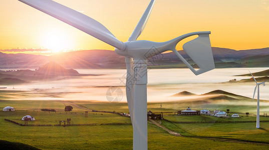 清晨草原涡轮风力发电场景设计图片