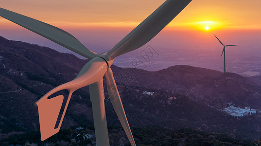 朝阳山涡轮风力发电场景设计图片