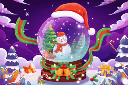 水晶球音乐盒圣诞节圣诞快乐水晶球圣诞树雪人插画GIF高清图片