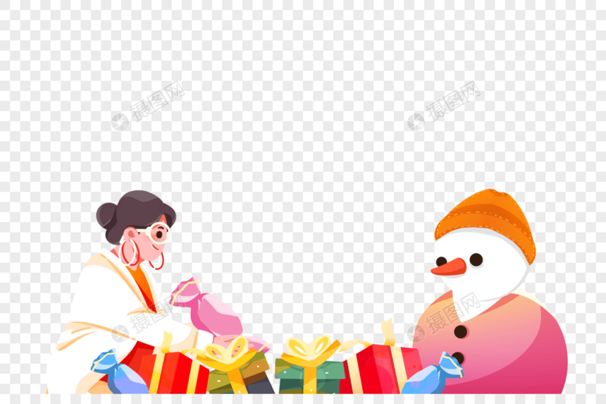 收礼物的女孩和雪人图片