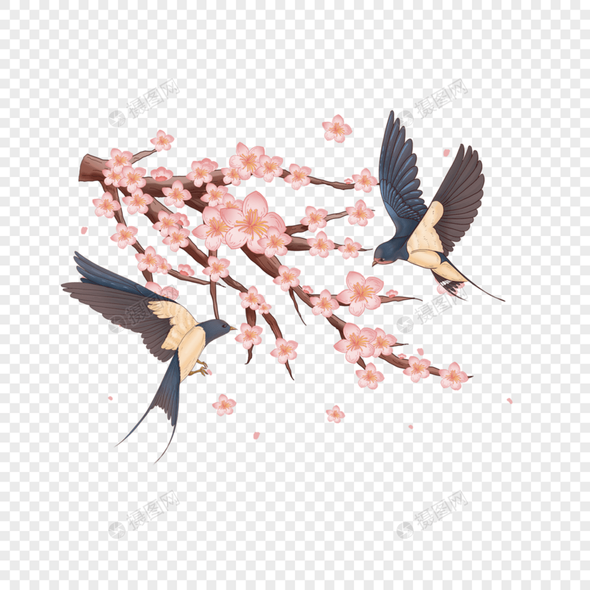 国潮立春燕子和桃花粉红色桃花花枝花瓣飞燕图片