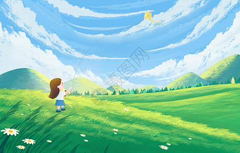 绿色场景立春春天晴空万里蓝天白云小孩放风筝插画