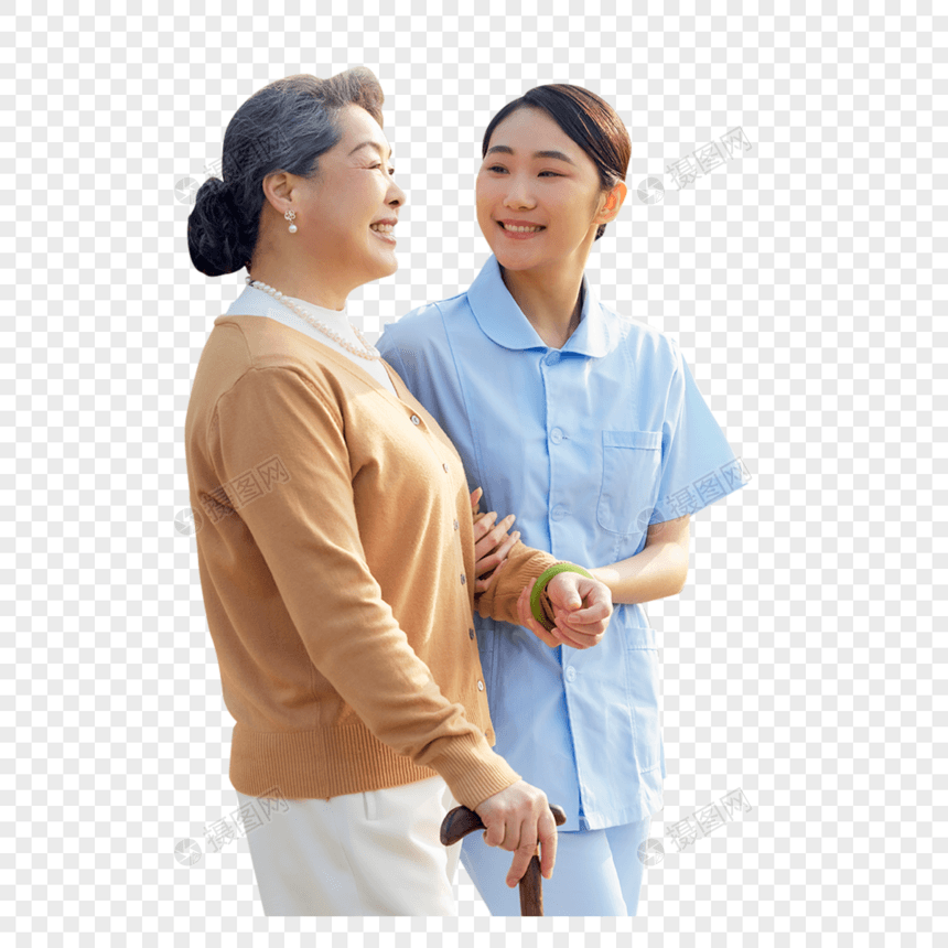 年轻女护工户外陪伴老人散步图片