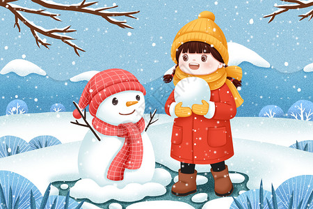 玩雪球小女孩冬天雪中堆雪人的小女孩插画