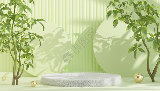 毛皮白色极简光影绿植展台背景设计图片