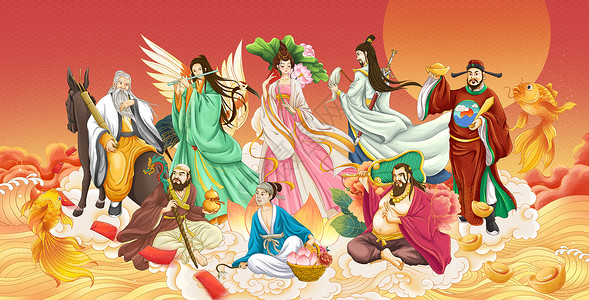 八仙过海迎新年节日手绘插画背景图片