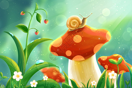 蘑菇上的蜗牛插画高清图片