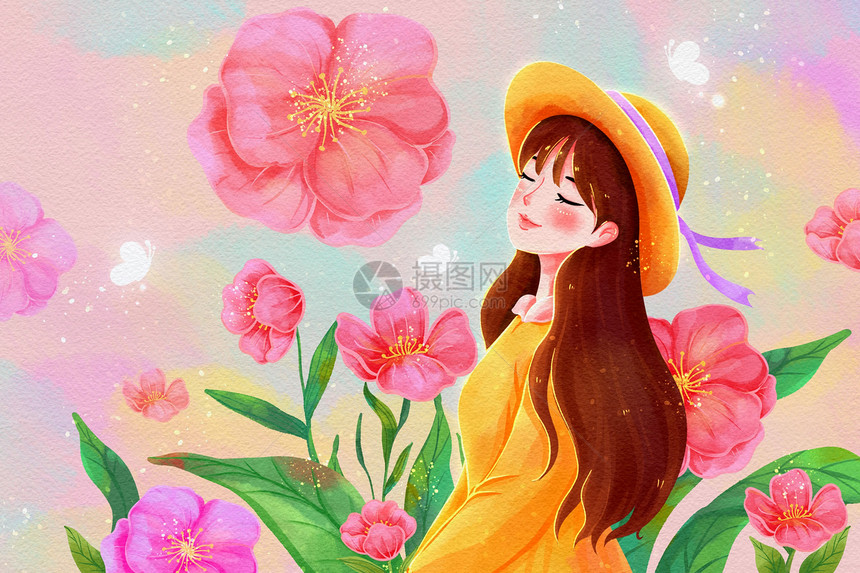 水彩女生花朵插画图片