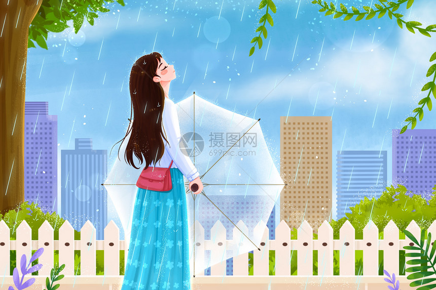 雨天感受雨水的女孩插画图片