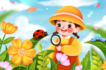 在花丛中观察昆虫的女孩插画高清图片