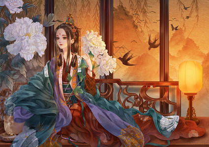 妇女节古风插画拿着花的古代女子高清图片