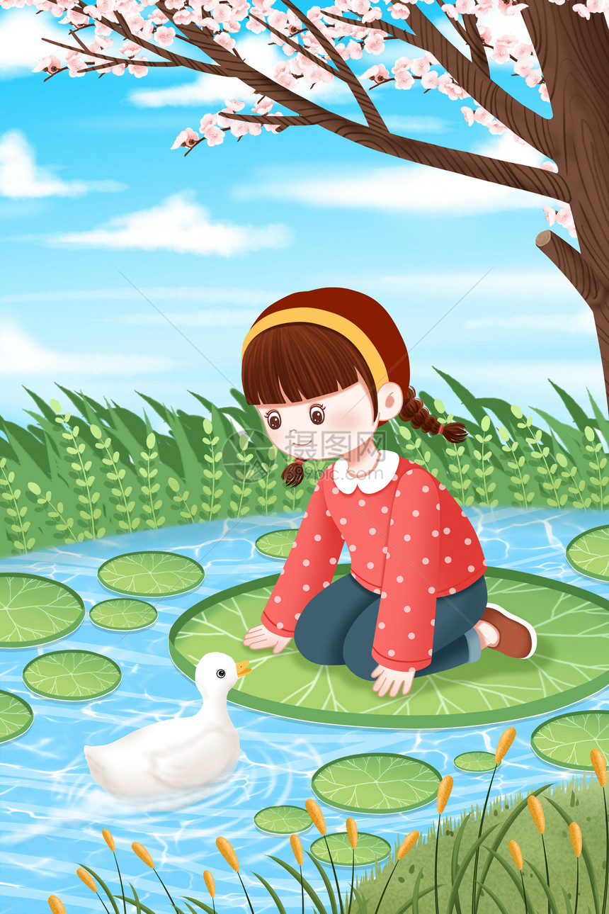 春天河里的小女孩和小鸭子图片