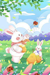 惊蛰扁平字体清新惊蛰节气兔子与梨子插画插画