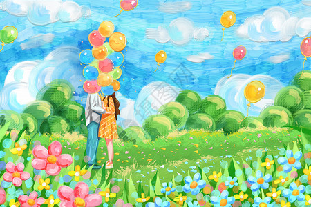 油画风花间气球浪漫亲吻情侣插画高清图片