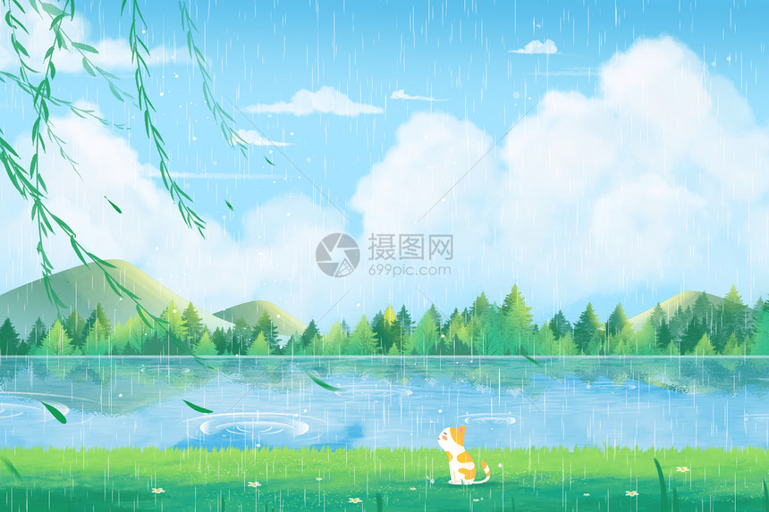 春天雨水节气猫治愈系插画场景图片