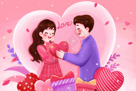 抱礼物的女孩粉色男生送女生爱心插画GIF高清图片