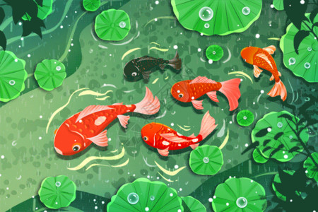 雨水节气风景春天雨水中的锦鲤插画gif动图高清图片